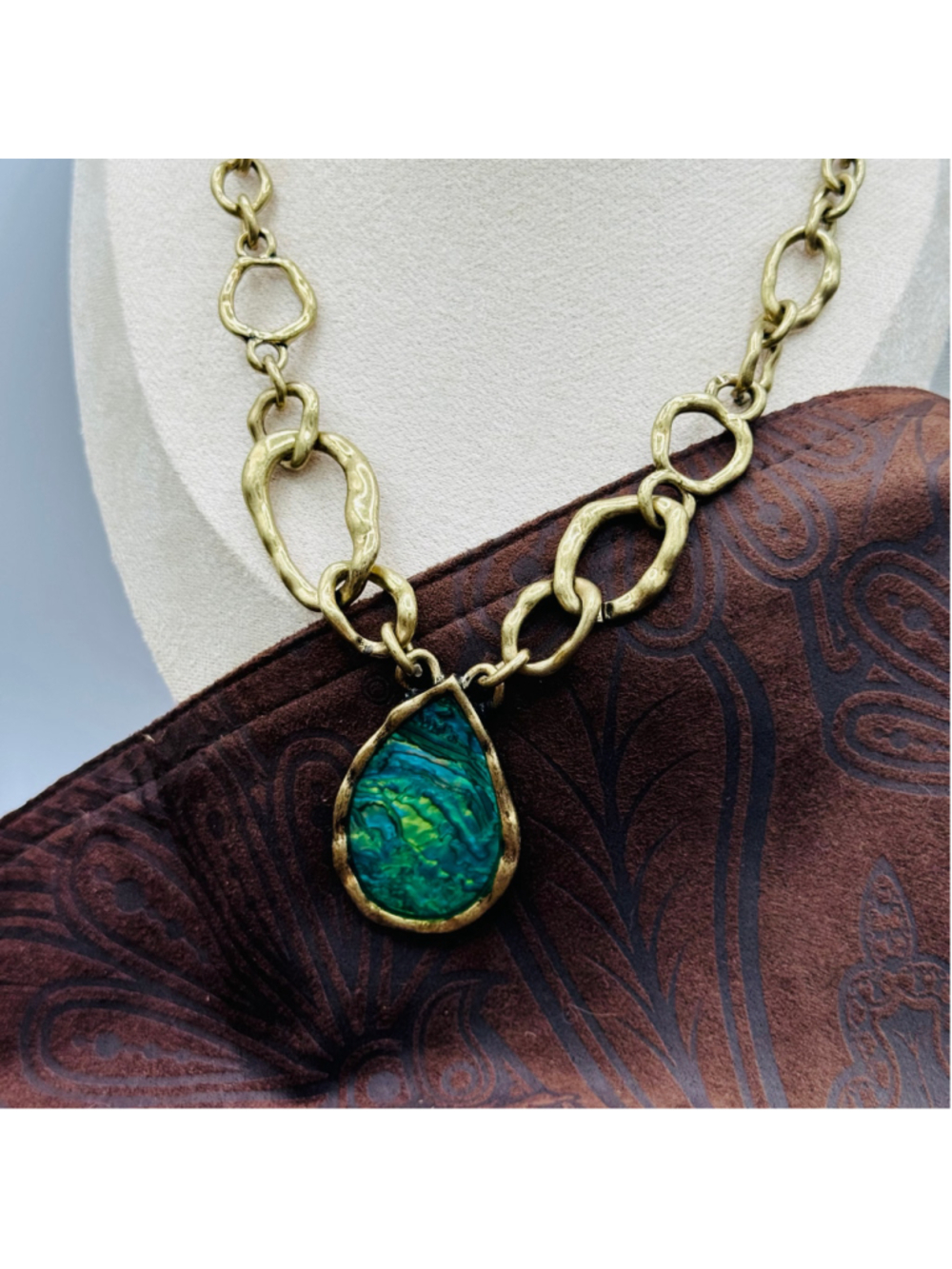 Avon Signed Boho Statement Necklace – Turquoise Green Teardrop Pendant